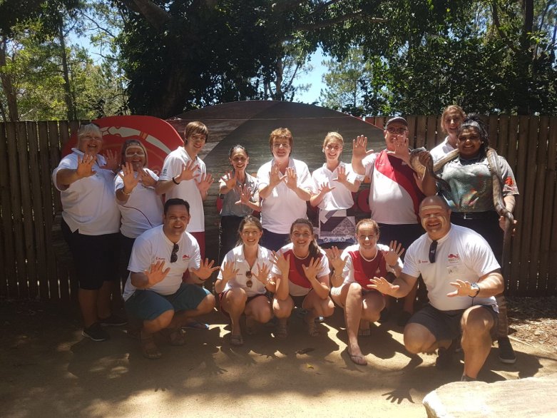 Team England undertake Girrebba indigenous cultural training at Dreamworld Corroboree on the Gold Coast.